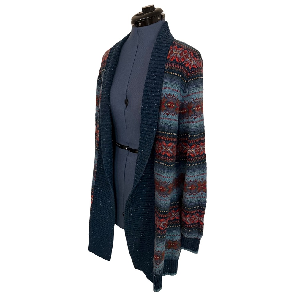 LL Bean Womens Blue Fair Isle Shawl Collar Open Front Cardigan Cabin Grandpa  L - Picture 2 of 14